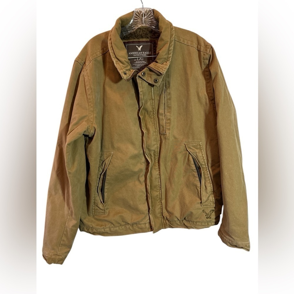 American Eagle Jacket Mens Large Khaki Faux Fur Sherpa Lined Full Zip Canva VTG